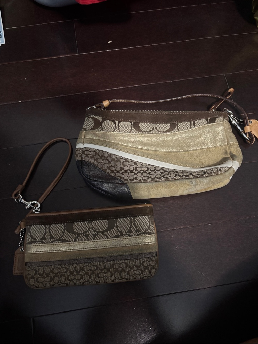 Coach Brown Signature Patchwork Wristlet & Demi Shoulder Bag Duo